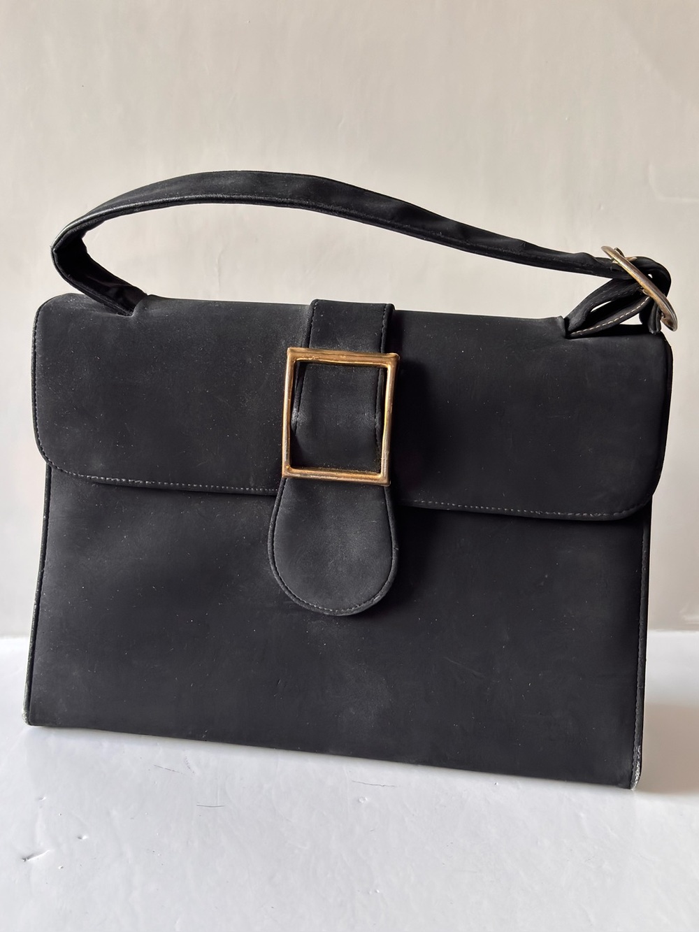 Vintage structured suede or black nubuck handbag
